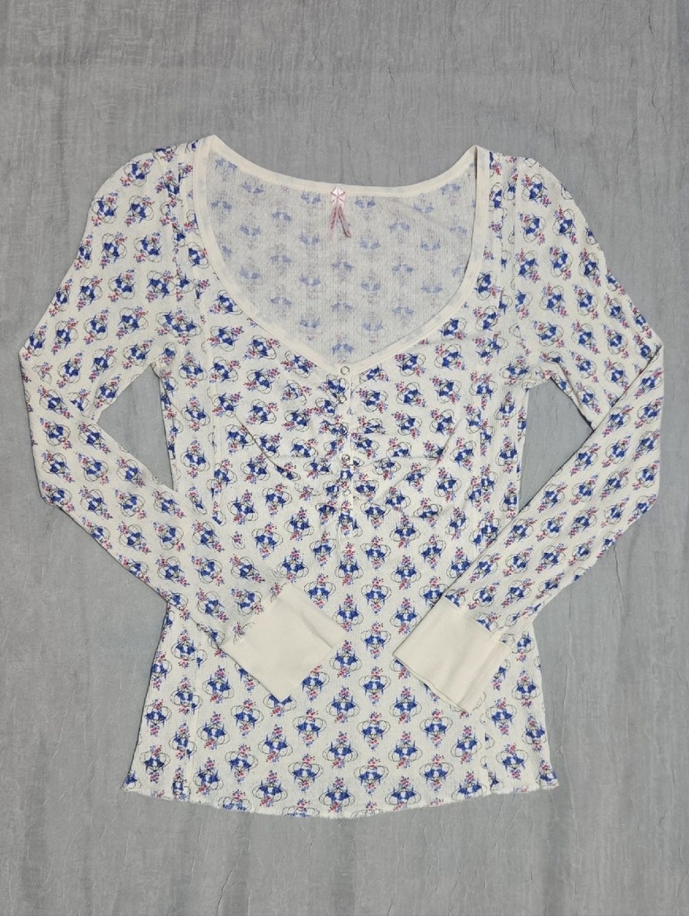 Free People Cream Long-Sleeve Scoop Neck Floral Henley
